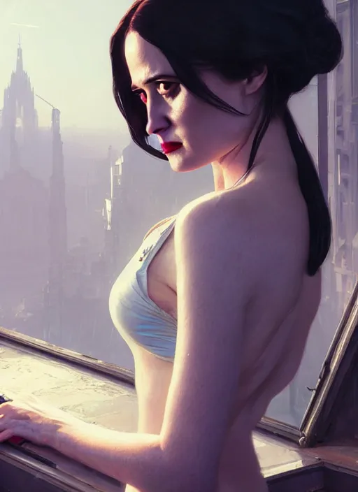 Image similar to highly detailed portrait of eva green as vesper lynd in gta v, stephen bliss, unreal engine, fantasy art by greg rutkowski, loish, rhads, ferdinand knab, makoto shinkai and lois van baarle, ilya kuvshinov, rossdraws, tom bagshaw, global illumination, radiant light, detailed and intricate environment