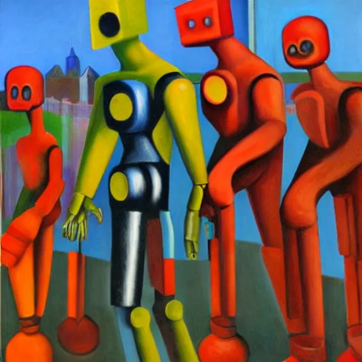 Image similar to robot parade, dystopian, pj crook, edward hopper, oil on canvas