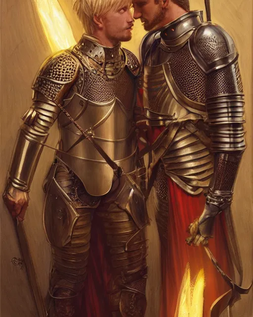 Image similar to attractive arthur pendragon confesses his love for his attractive male knight, highly detailed, very intricate, cinematic lighting, by donato giancola and rossdraws and magali villenueve, featured on artstation