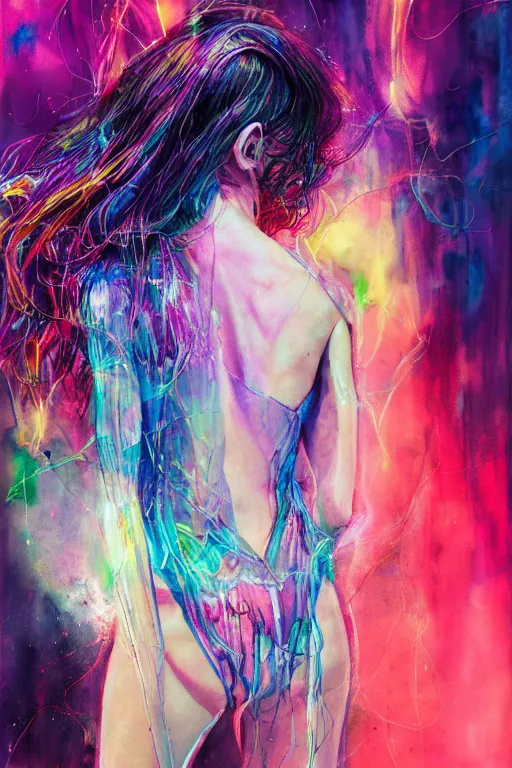 Prompt: gal gadot by agnes cecile enki bilal moebius, intricated details, 3 / 4 back view, full body portrait, extremely luminous bright design, pastel colours, drips, autumn lights