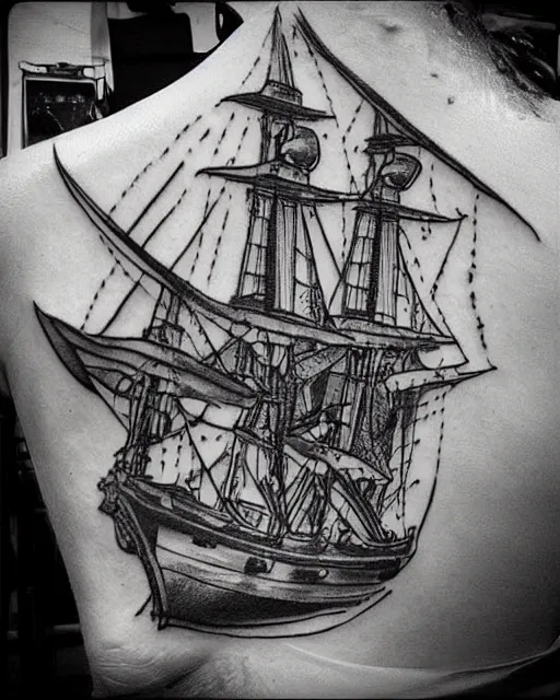 Prompt: A tattoo design sketch of a realistic pirate ship, on paper, black and white, highly detailed, realistic tattoo, by nik lucas