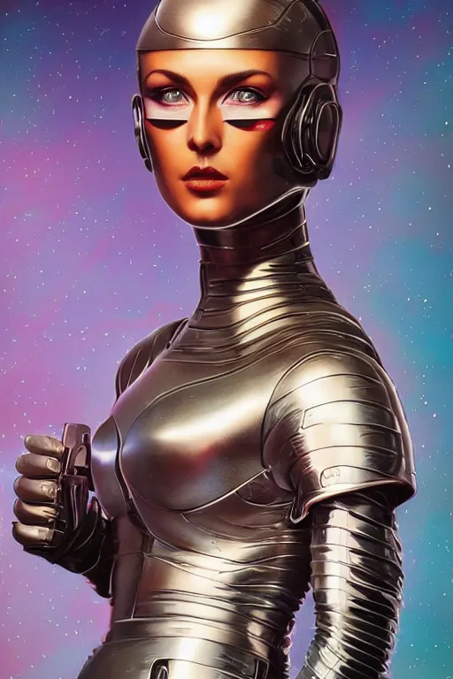 Image similar to retro-futuristic portrait of a beautiful female android in old scratchy chrome armour, ornate background, rim light, ornate pattern, glowing eyes, evil expression, high details, intricate details, renaissance painting by vincent di fate, artgerm julie bell beeple, 80s, Smooth gradients, High contrast, depth of field, very coherent symmetrical artwork