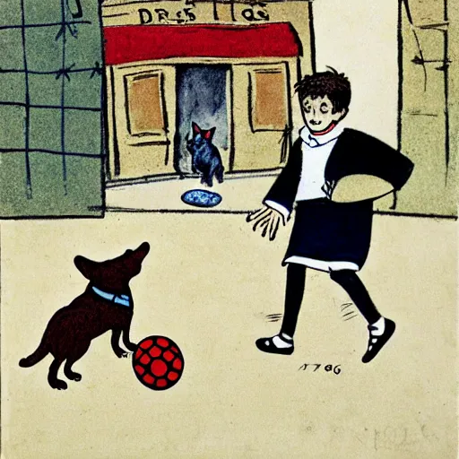 Image similar to book illustration of a french boy on the streets of paris playing football against a corgi, the dog is wearing a polka dot scarf, 1 9 6 6