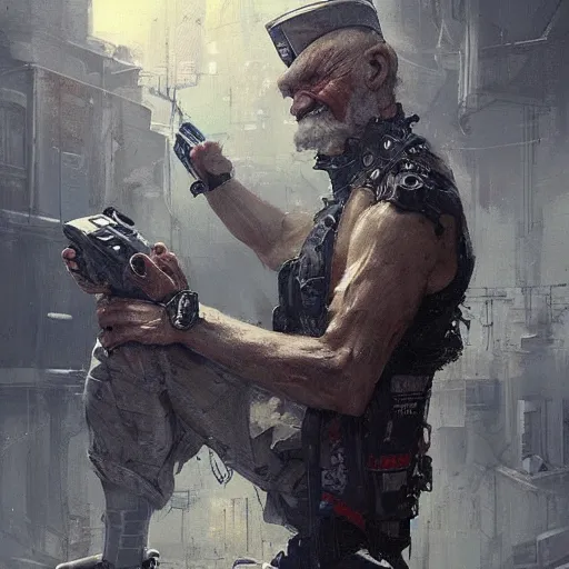 Image similar to russian old veteran in a vest with a cyber prosthesis on his leg cyberpunk art by greg rutkowski