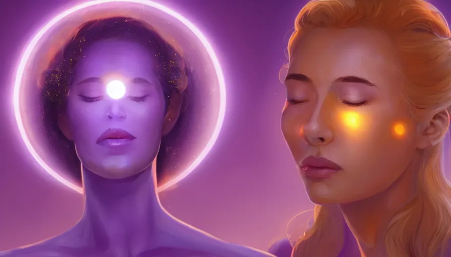 Image similar to a golden woman, eyes closed, glowing lavender aura, head expanding into pieces, laser beaming from the sky into the top of her head, half body, in space, concept art, artstation