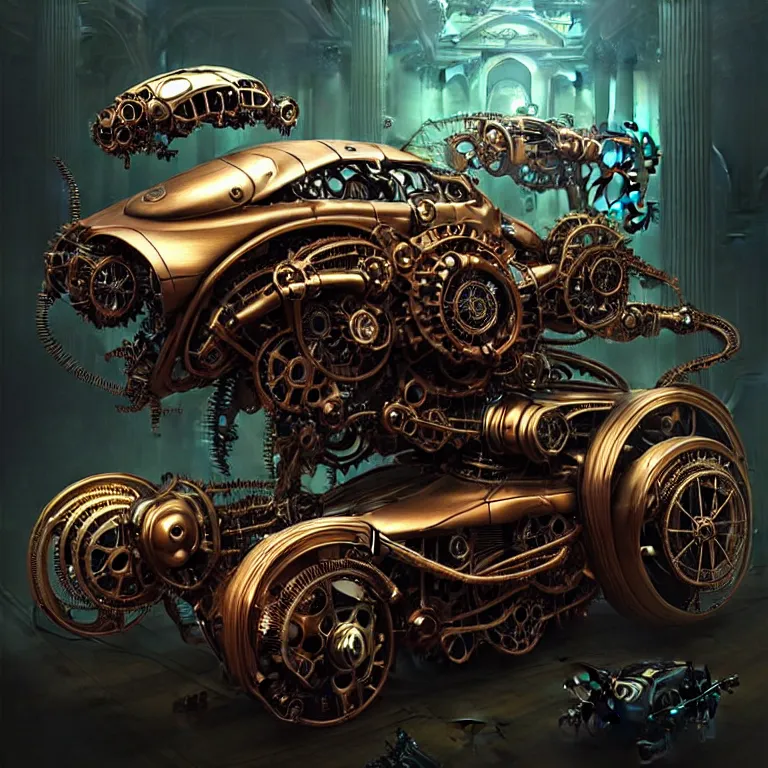 Prompt: biomechanical shiny steampunk vehicle reminiscent of very fast sportscar with robotic parts and (glowing) lights parked in ancient lush palace, gothic and baroque, brutalist architecture, ultradetailed, creepy ambiance, fog, artgerm, giger, Intricate by Ellen Jewett and Josan Gonzalez and Giuseppe Arcimboldo