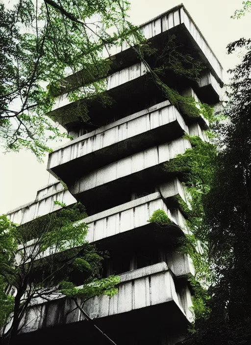 Image similar to “ brutalist architecture surrounded by a neon forest ”