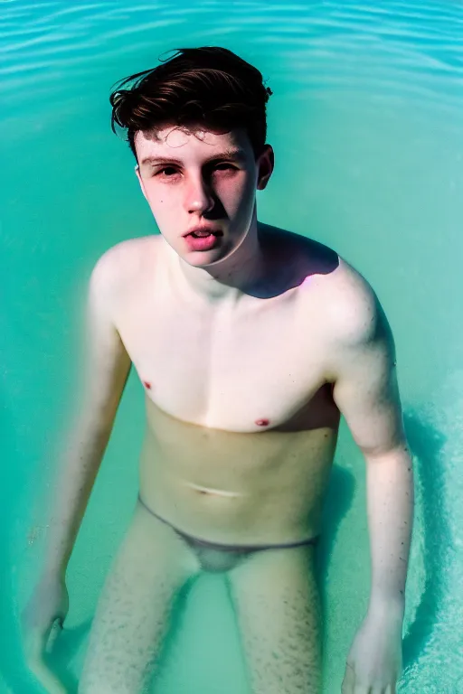 Image similar to high quality pastel coloured film mid angle docu photograph of a beautiful young 2 0 year old male, soft features, short black hair, swimming, jumping in an icelandic black rock pool environment. atmospheric. three point light. photographic. art directed. ( pastel colours ). volumetric light. clearcoat. waves glitch. 8 k. filmic.