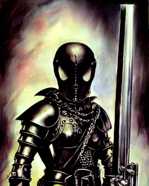 Image similar to portrait of a skinny goth punk keany reeves wearing armor by simon bisley, john blance, frank frazetta, fantasy, chrome thief warrior