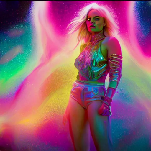 Prompt: Long Shot of psychodelic Margot Robbie in mysterious astral temple jumpin with pistol in river of chromatic SPIRITS , beautiful, dmt, trending on artstation, omnious, soft, hypermaximalistic, high details, cinematic, 8k resolution, artwork by Wong, Liam