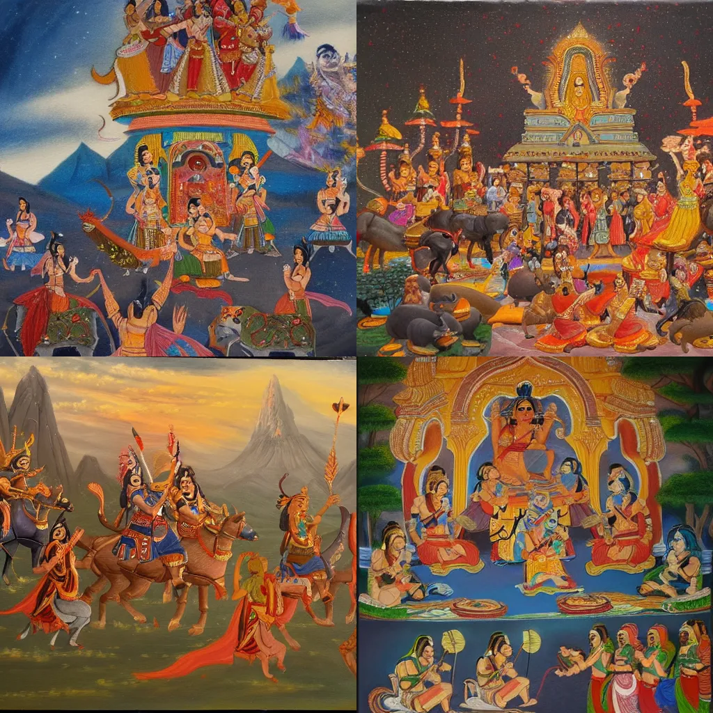 Prompt: an epic cinematic scene from Ramayan, beautiful miniature painting, oil on canvas, trending on ArtStation, detailed, 8K, HD,