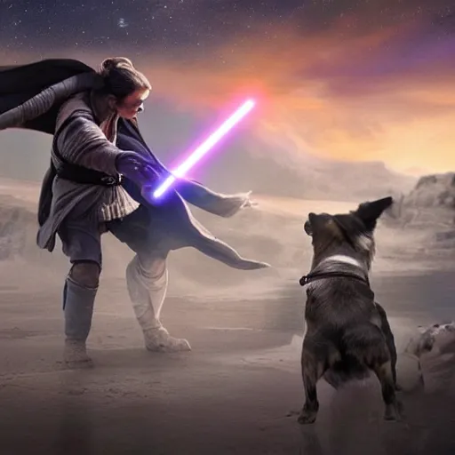 Image similar to a Jedi with a dog, fighting a war, hyper realistic, future, space, medieval, 4k