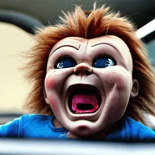 Image similar to chucky doll stuck in gridlock traffic and screaming