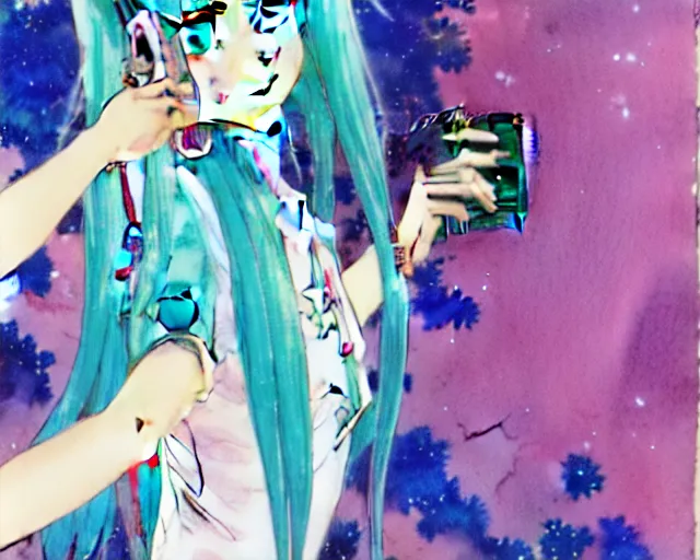 Prompt: a high detail watercolor of Hatsune Miku taking a selfie by Yukito Kishiro and katsuhiro otomo, illustration, hyper-detailed, colorful, complex, intricate, masterpiece, epic