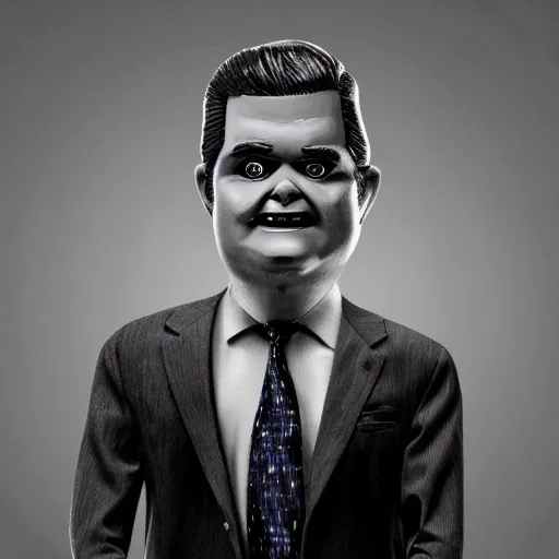 Image similar to matt gaetz as a creepy ventriloquist puppet from an old horror movie, b & w, twilight zone, digital illustration, 8 k,