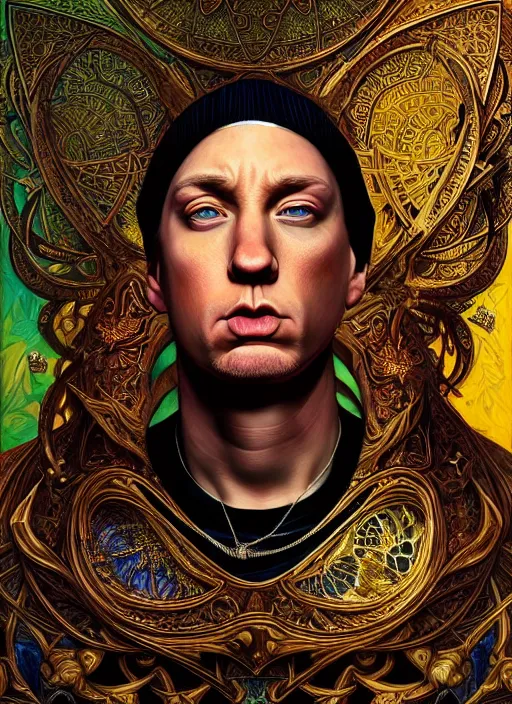 Prompt: : eminem fantasy, fantasy magic,  , intricate, sharp focus, illustration, highly detailed, digital painting, concept art, jahbu art and Paul lewin and kehinde wiley, masterpiece