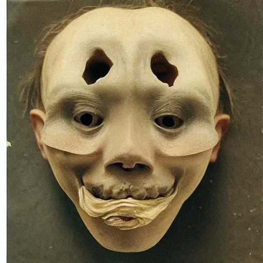Image similar to “A disfigured man lying in bed. The chest and head area are very strangely shaped, but there is a hole for a mouth and a nose. In the mouth there are teeth and a tongue which moves. There are two eyes above the nose hole. The eyes dart back and forth.”