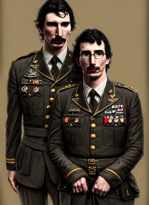 Image similar to a portrait of john oliver and adam driver posing together, stoic, military uniform, fantasy, intricate, elegant, beautiful, highly detailed, charcoal, centered, dark, smokey, digital painting, artstation, concept art, smooth, sharp focus, illustration, art by artgerm and greg rutkowski and alphonse mucha