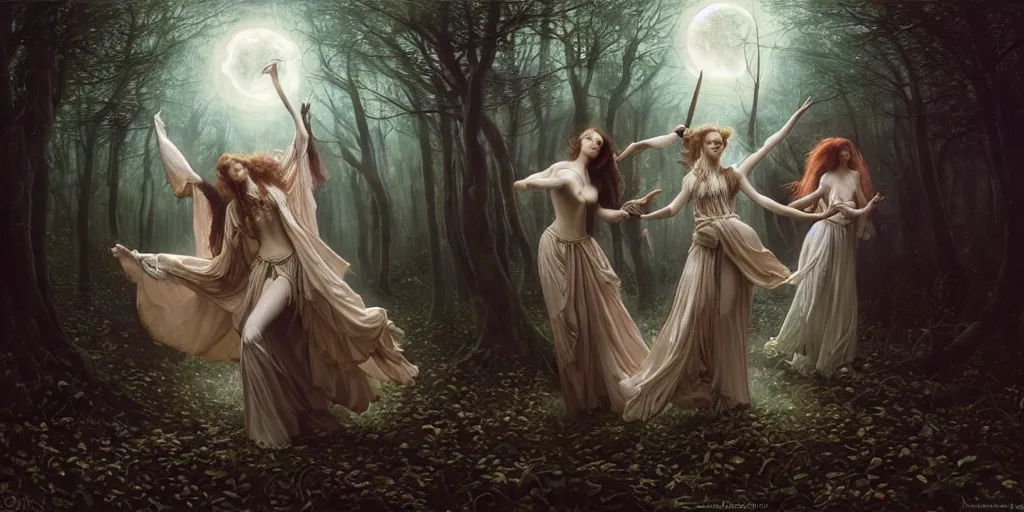 Prompt: masterpiece ephemeral witches sabbath dancing in the moonlit woods, composition by anastasiya dobrovolskaya, donato giancola, karol bak, tom bagshaw, face by artgerm and edmund leighton, background by james jean and noah bradley, majestic, volumetric lighting, porcelain skin, photorealistic, intricate, trending on artstation, 8 k