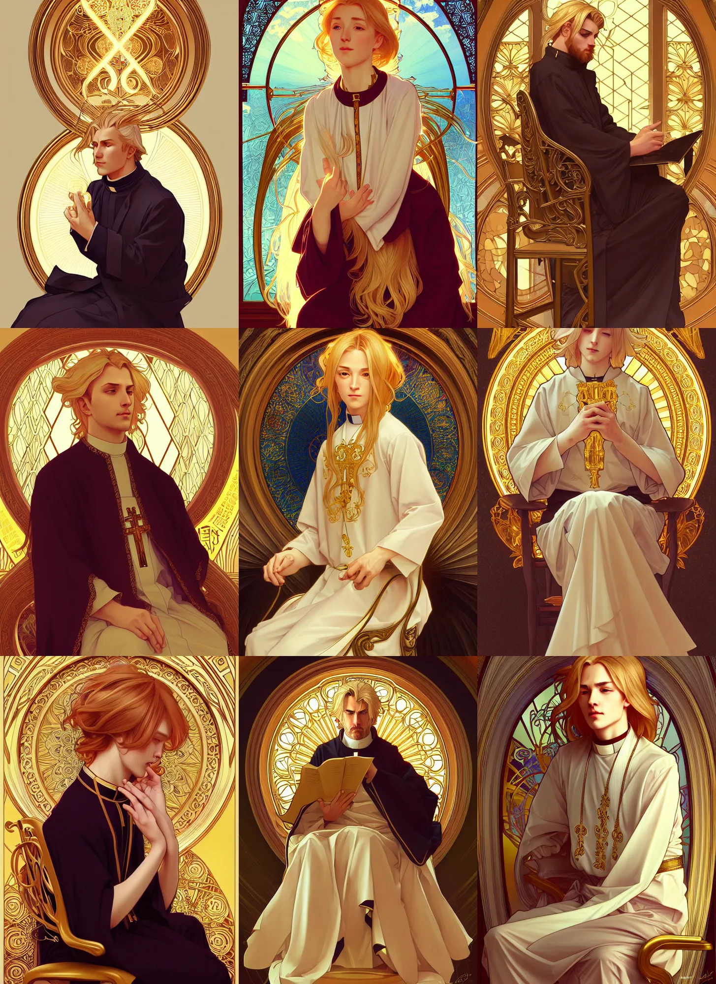 Prompt: a beautiful priest with golden hair sitting in a chair, highly detailed, digital painting, smooth, sharp focus, illustration, art by artgerm and alphonse mucha, high definition digital art, in the style of ross tran and ilya kuvshinov