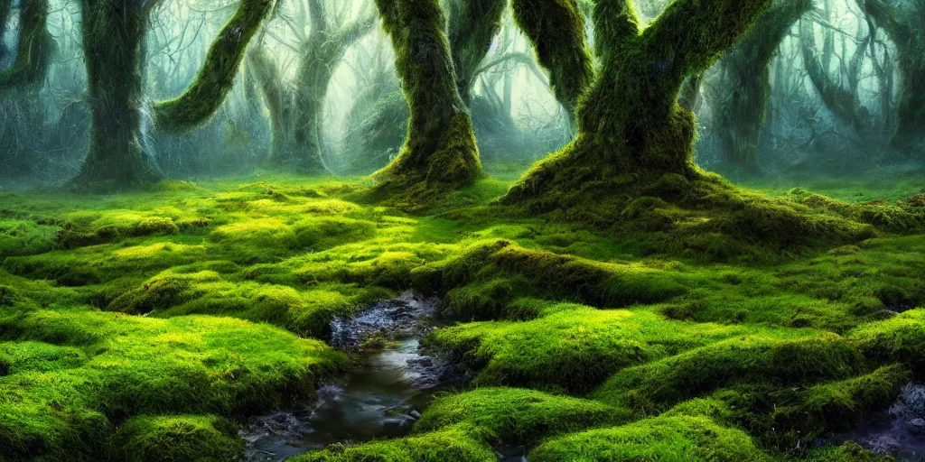 Prompt: gorgeous fields of moss landscape with glistening water, magical forest, brightly colored, magical, fantasy, landscape, beautiful, intricate details, highly detailed, sharp focus, concept art, digital painting, trending on artstation, still, screenshot, photo, photograph, in the style of Adrian Dudak