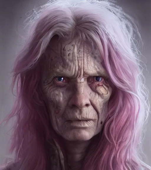 Image similar to full portrait of a hag, ugly woman, rough features, warts, long hook nose, muscular, half body, cloth, pink hair, d & d, fantasy, intricate, highly detailed, digital painting, artstation, concept art, smooth, sharp focus, illustration, art by artgerm and greg rutkowski and alphonse mucha