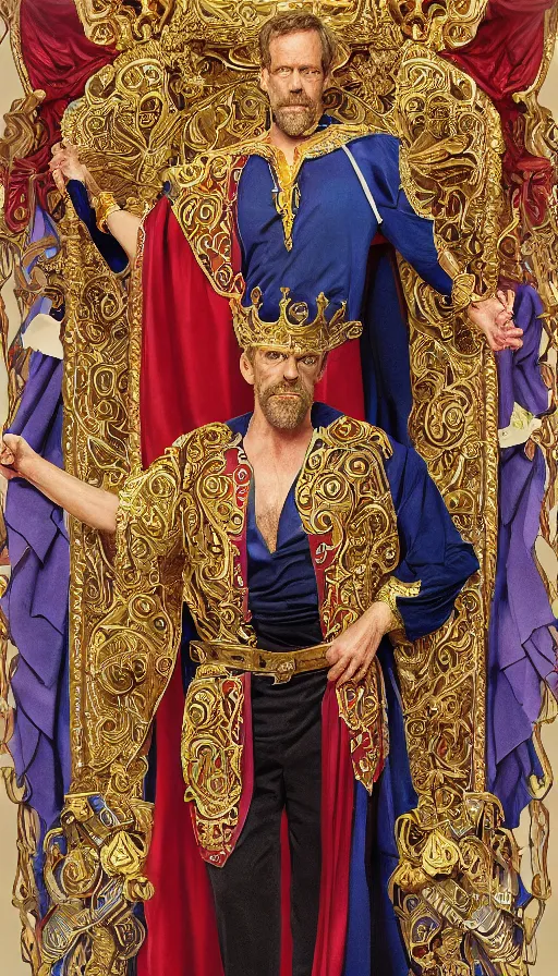 Prompt: hugh laurie as god of love, masculine, sweaty, intricate dressed in an ornate royal loin cloths and robe, and holding his love scepter, hero, intricate, highly - detailed,