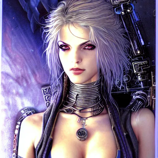 Prompt: an award finning closeup portrait by clyde caldwell and luis royo of a very beautiful and attractive female bohemian cyberpunk traveller aged 2 1 in excessively fashionable cyberpunk gear