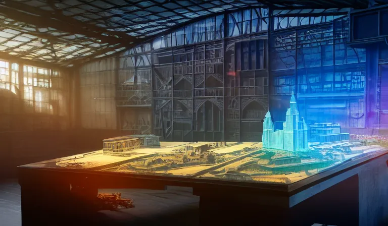 Image similar to group of people in walled warehouse, looking at hologram of futuristic city on a table, cinematic concept art, godrays, golden hour, natural sunlight, 4 k, clear details, tabletop model buildings, center model buildings, hologram center, crane shot, crane shot, crane shot