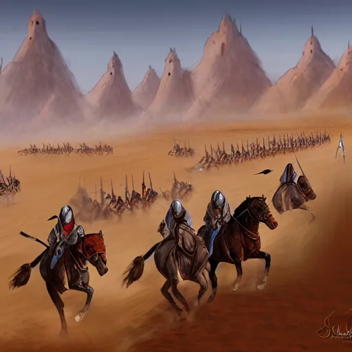 Image similar to crusaders charging across the desert sand at the arabian army, medieval, highly detailed, digital painting, concept art, sharp focus, by makoto shinkai