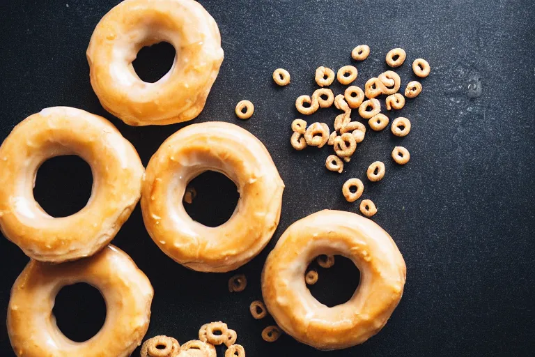 Image similar to dslr food photograph of cheerios donuts, 8 5 mm f 1. 8