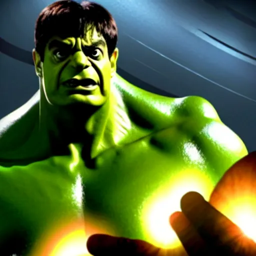 Image similar to mr. bean as hulk in the avengers movie. movie still. cinematic lighting.