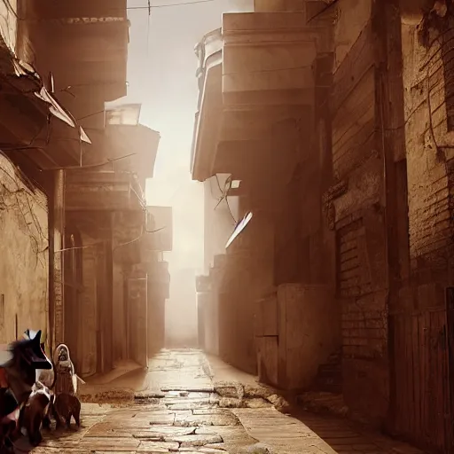 Image similar to old jeddah city alley, roshan, old shops, horse, magical glowing time portal, a man wearing a worn out white robe, dramatic lighting sci fi, by caspar david friedrich by beeple and james gilleard and justin gerard, centered, artstation, smooth, sharp focus, photoreal octane render, 3 d, by jean baptiste monge
