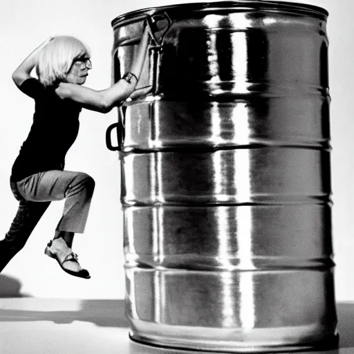 Prompt: Andy Warhol climbing out of a soup can