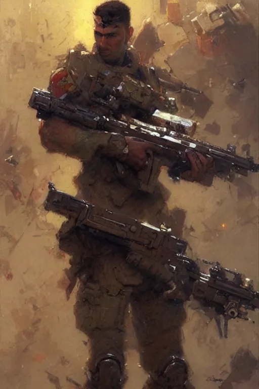 Prompt: futuristic soldier, holding a gun that is a subway sandwich, painting by gaston bussiere, craig mullins, greg rutkowski, yoji shinkawa