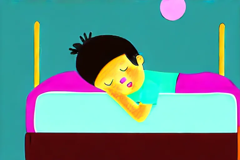 Prompt: Digital illustration of a kid sleeping on his bed at night, cute