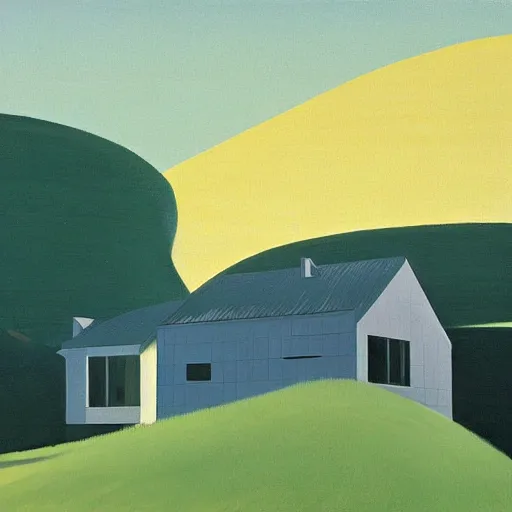 Image similar to dreaming futuristic rural landscape with modern houses, painted by Alex Katz and Edward Hopper, airbrush, highly detailed