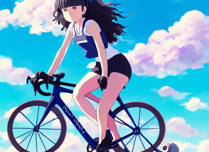 Image similar to portrait of cute girl riding road bike, sunny sky background, lush landscape, illustration concept art anime key visual trending pixiv fanbox by wlop and greg rutkowski and makoto shinkai and studio ghibli and kyoto animation, symmetrical facial features, sports clothing, kask protone icon, nike cycling suit, backlit, aerodynamic frame