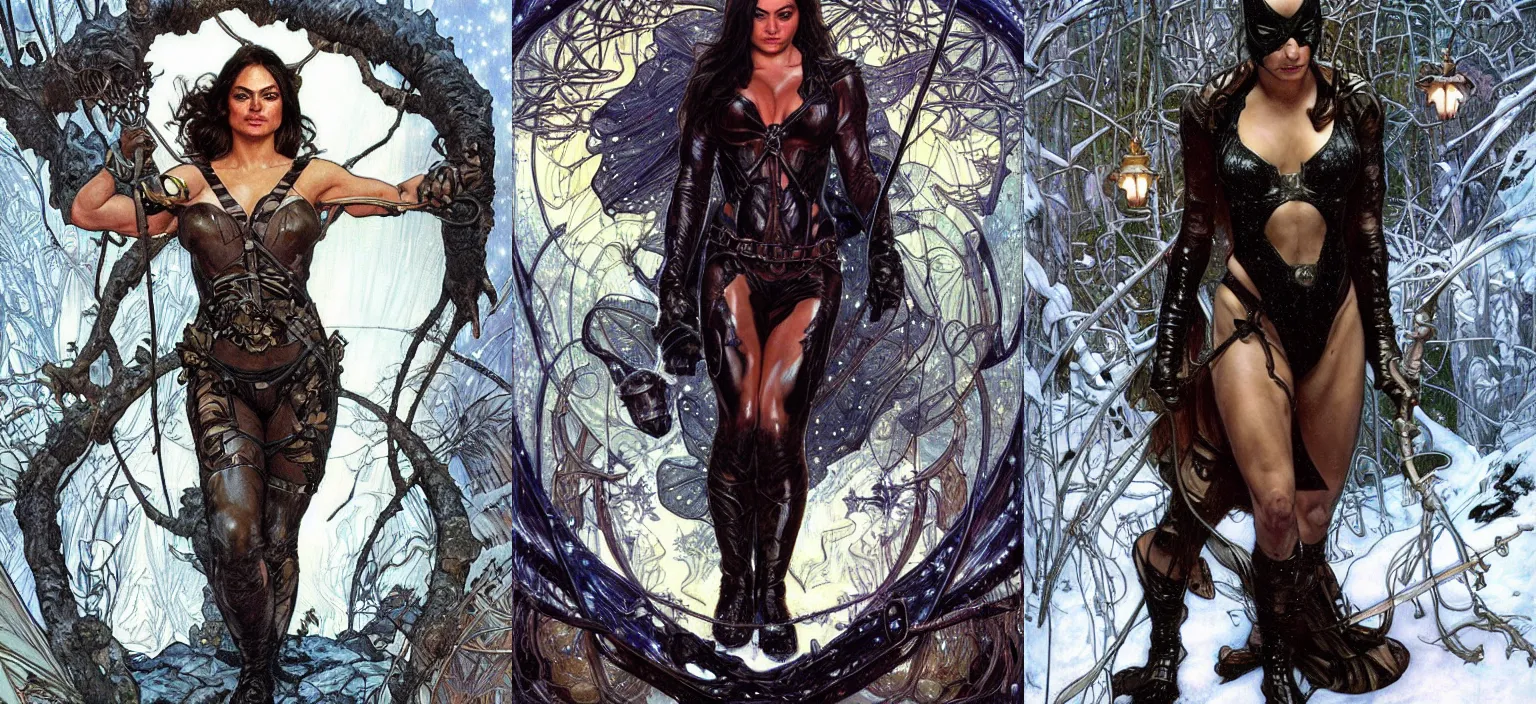 Prompt: epic muscled Mila Kunis as Catwoman walking out of a deep dark cave, snowy winter, fireflies, torches, fantasy, intricate, elegant, highly detailed, tasteful art by artgerm and donato giancola and alphonse mucha, WLOP