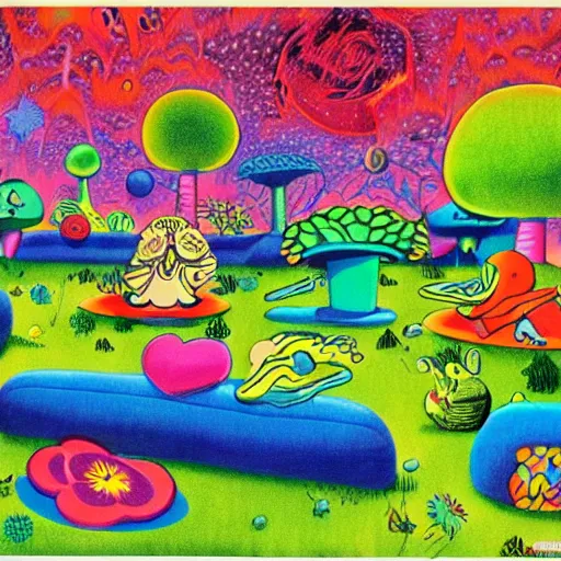 Prompt: psychedelic couch in the lush forest, planets, flowers, mushrooms milky way, sofa, cartoon by carl barks and eric carle