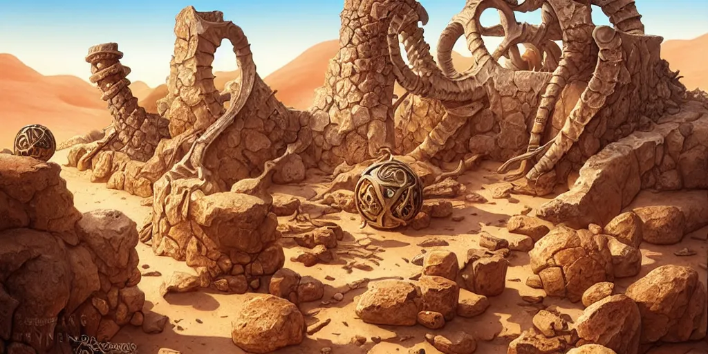 Prompt: a fantasy desert landscape, ruins, bones, rocks, arid ecosystem, digital illustration by michael whelan and leyendecker and artgerm, intricate details, surreal, photorealistic, award winning