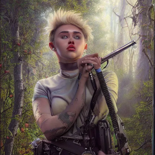 Prompt: miley cyrus as a detective, looking for clues, cute and adorable, pretty, aesthetic forest, portrait, matte fantasy painting, DeviantArt, Artstation, by donato giancola, ralph horley, loish, cinematic lighting