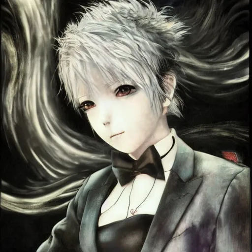 Image similar to Yoshitaka Amano realistic illustration of an anime girl with short white hair and black eyes wearing tuxedo, black and white battle background from Earthbound game, film grain effect, highly detailed, Renaissance oil painting