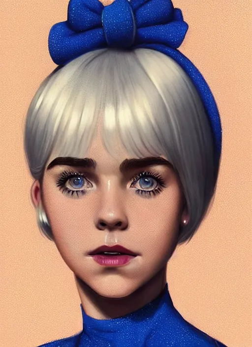 Image similar to portrait of kiernan shipka with freckles, white hair, 1 9 6 0 s bob hairstyle with bangs and hairband, blue 1 9 6 0 s dress, intricate, elegant, glowing lights, highly detailed, digital painting, artstation, concept art, smooth, sharp focus, illustration, art by wlop, mars ravelo and greg rutkowski