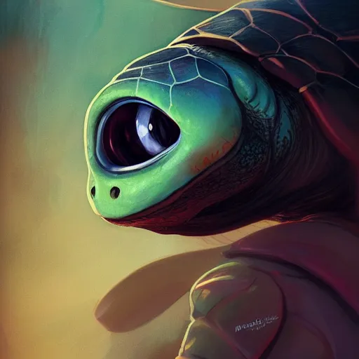 Image similar to portrait of an excited turtle, ghibli, cartoon, anime, hdr, artstation, sharp, focus, illustration, anna dittmann, ilya kuvshinov, nikolay makovsky