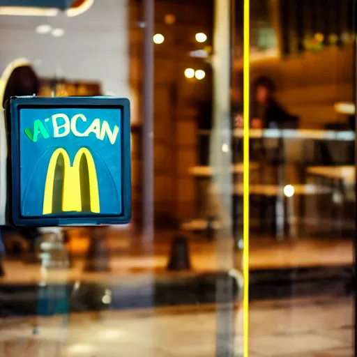 Image similar to Cat entering McDonald's and ordering a Hamburger, 40nm lens, shallow depth of field,