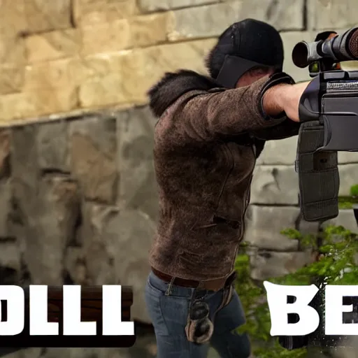 Image similar to KUNTEYNIR and BIRD WILL EAT wall on wall shootout with gun, HD, 8K