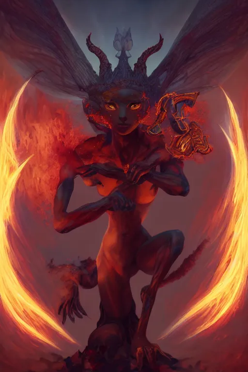 Image similar to a full body portrait of mixed final fantasy ifrit and mythical sphinx, with claws, levitating in artifact portal, fantasy, sharp focus, intricate, elegant, digital painting, artstation, matte, highly detailed, concept art, illustration, ambient lighting, art by peter mohrbacher, johannes voss, jingna zhang