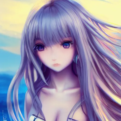 Image similar to a very beautiful young anime chess girl, full body, long wavy blond hair, sky blue eyes, full round face,, bikini, miniskirt, front view, mid - shot, highly detailed, cinematic wallpaper by stanley artgerm lau