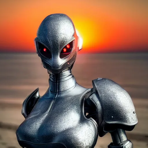 Image similar to chest up bust shot, realistic detailed stunning beautiful armored anthropomorphic humanoid robot female dragon, looking to the side with an elegant pose of hand on hip, smooth and streamlined armor and design made of steel, sharp claws and sharp teeth, high quality head, Slick LEDs, standing on two legs, on the beach during sunset, high quality, cinematic art, sci fi, sunset lighting, 3D render, 8k, artstation, deviantart, furaffinity
